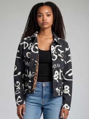 Y2K D&G Black Jacket with White Logo Graffiti Print